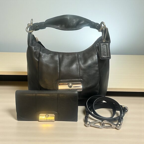Coach Kristen Hobo 16808 Wallet 43670 Set Black Leather Nickel Convertible Bag - Picture 1 of 14